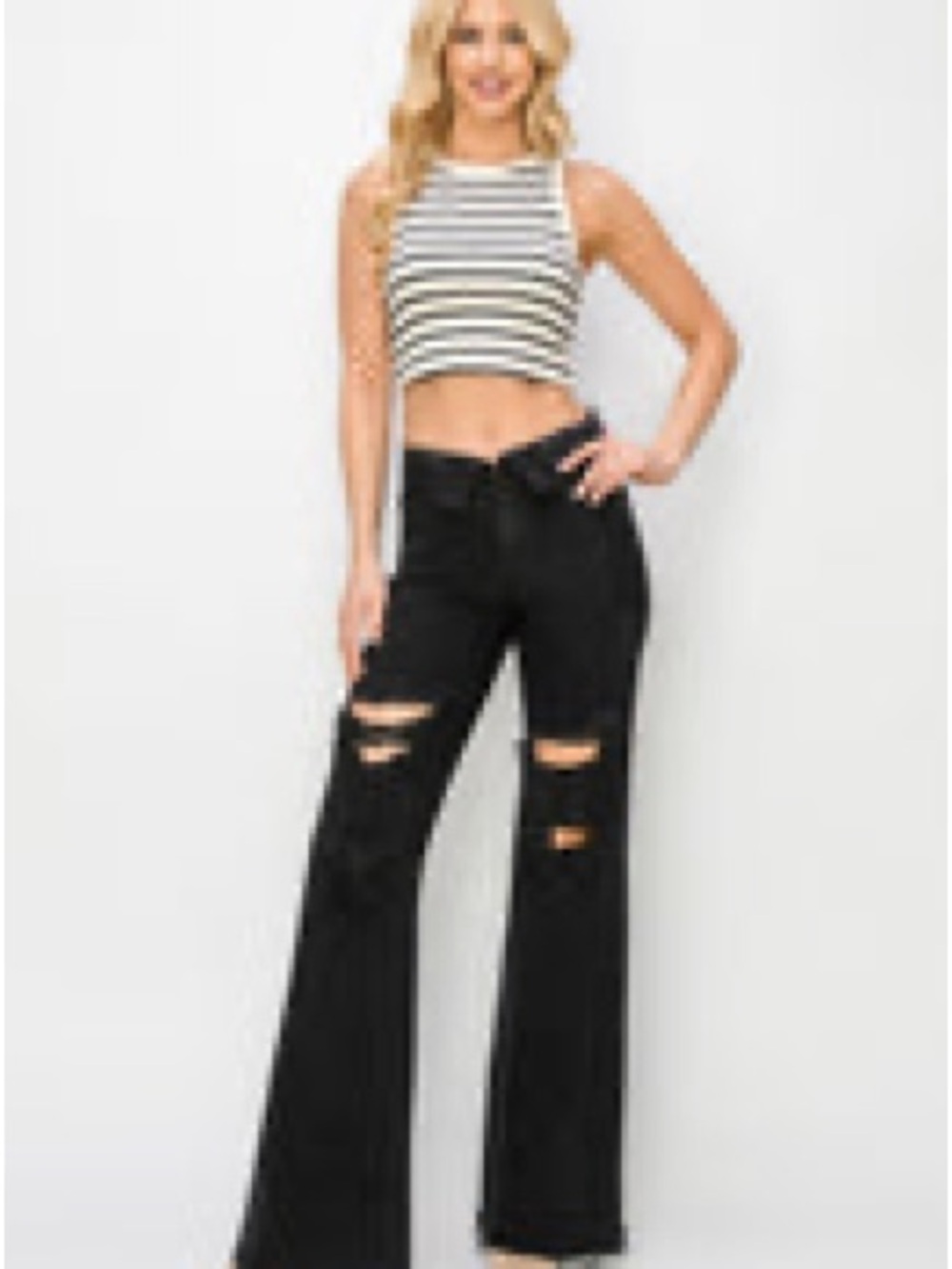 NWT Risen Folded Waist Distressed Wide Leg Jeans – Black